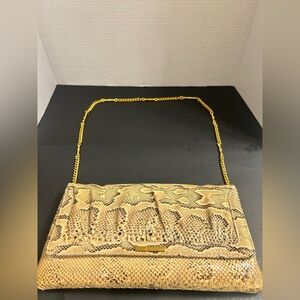 Susan Gail Tan Snake Print Clutch with Gold Chain